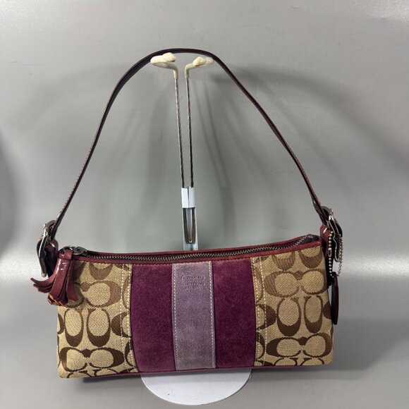 Coach Signature C Brown & Purple Canvas & Suede Baguette Shoulder Bag - Picture 1 of 12